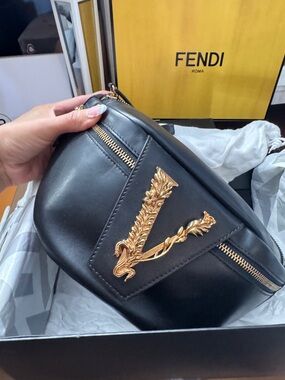 Versace Black Leather Mini Belt Bag with Gold V Ornament